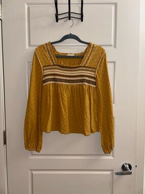 Altar'd State Mustard Smocked Embroidered Peasant Blouse